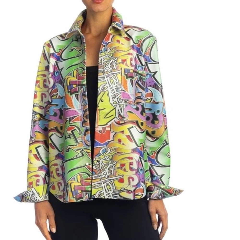 Blu Ice Large Graffiti Print 100% Leather Button Down Shirt‎ Multi Color